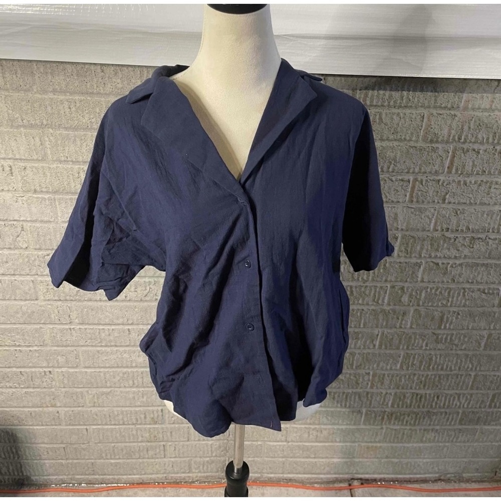 New HOTTOUCH Navy Blue Collared Short Sleeve Button Up‎ Shirt Women's Size S